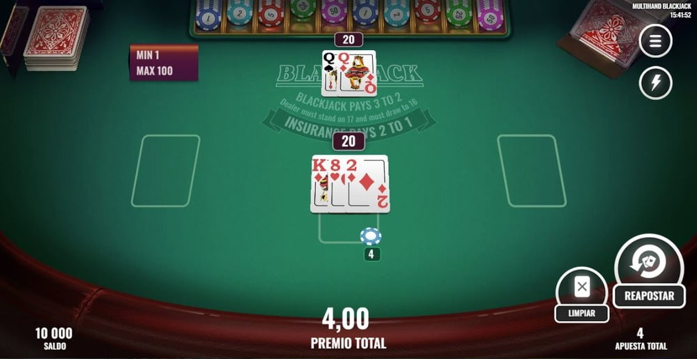 Repartir cartas en el Multihand blackjack 