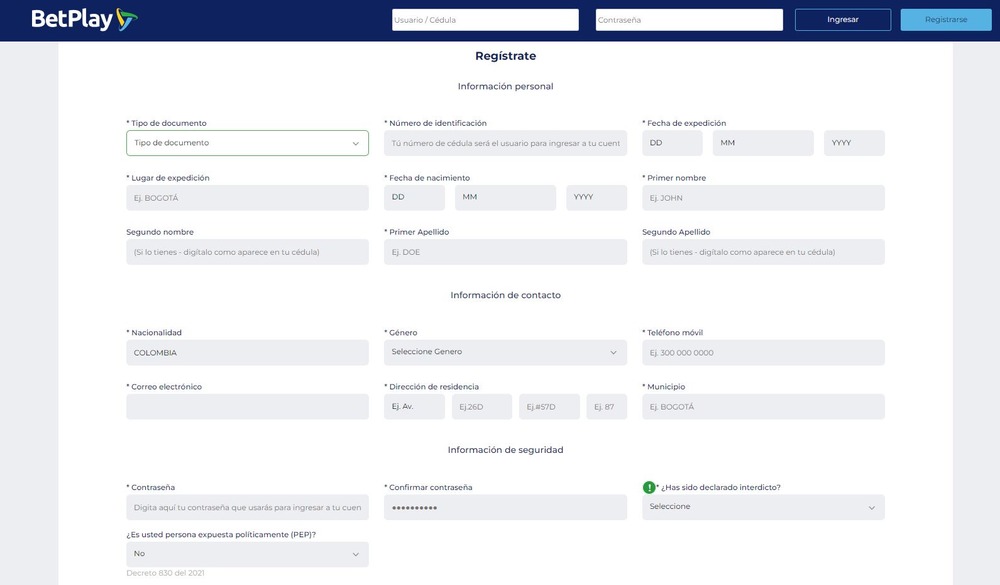 Formulario de registro en el sitio web de Betplay